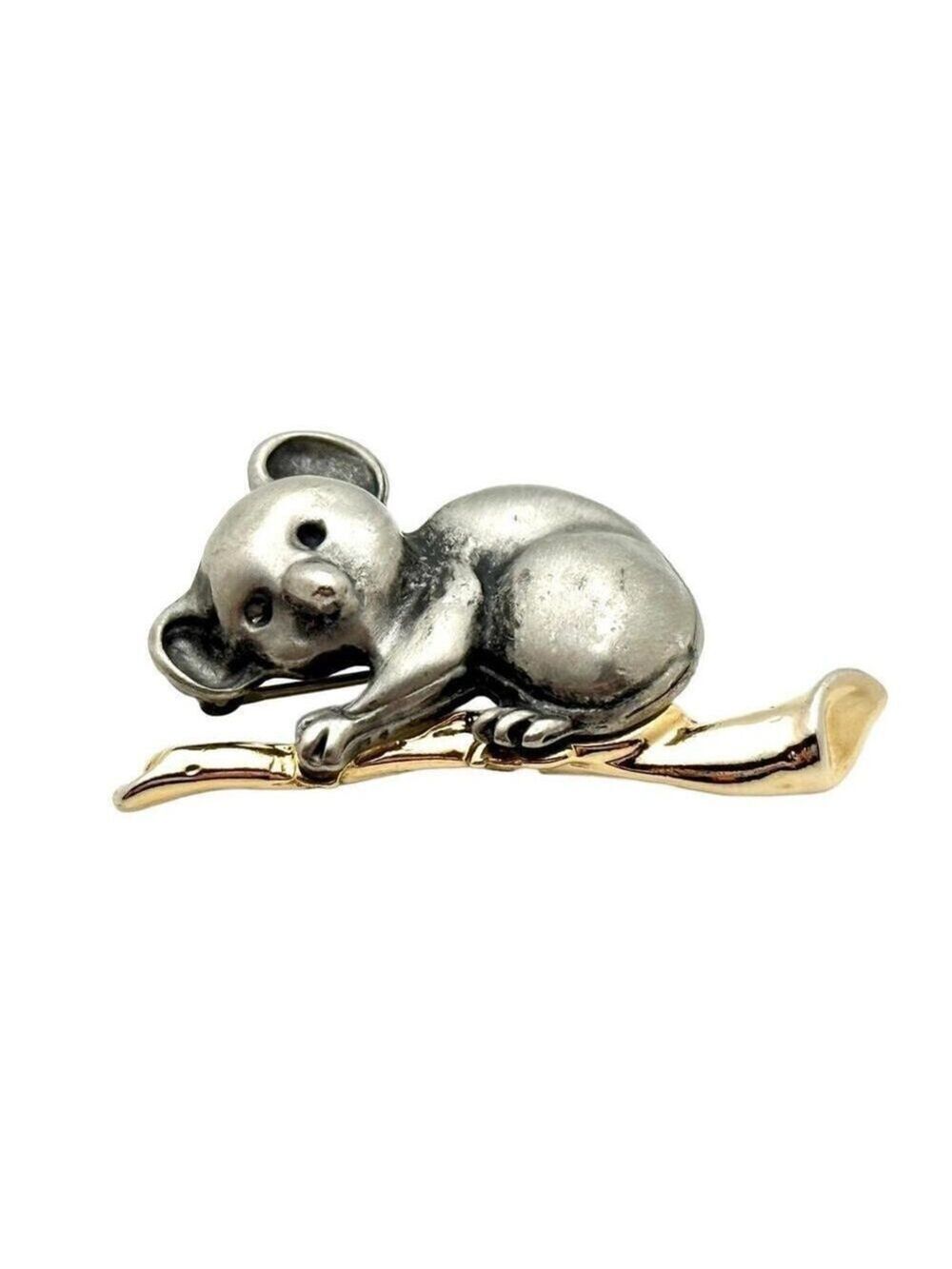 Vintage Koala Brooch Silver Tone Gold Branch Animal Pin